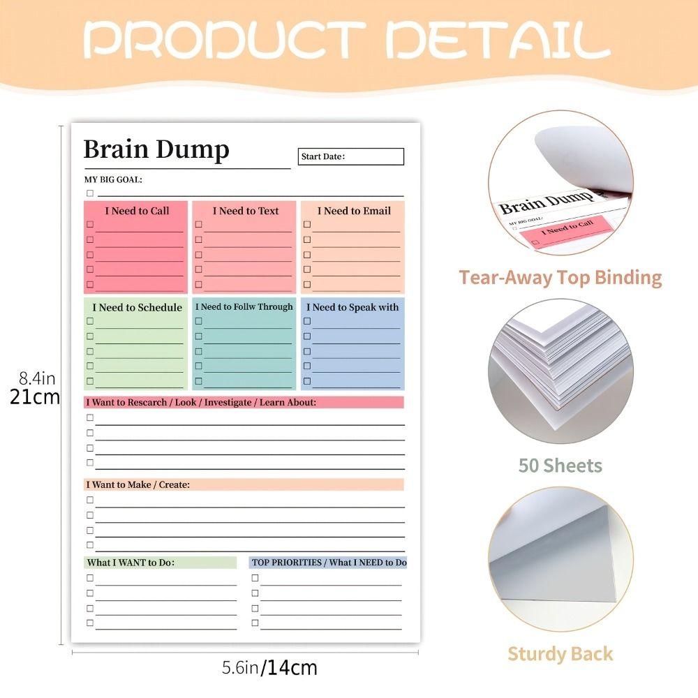 2Pcs Tear Away Design Brain Dump Notebook A5 Size To-Do Planner Daily Planning Manual Work Tasks