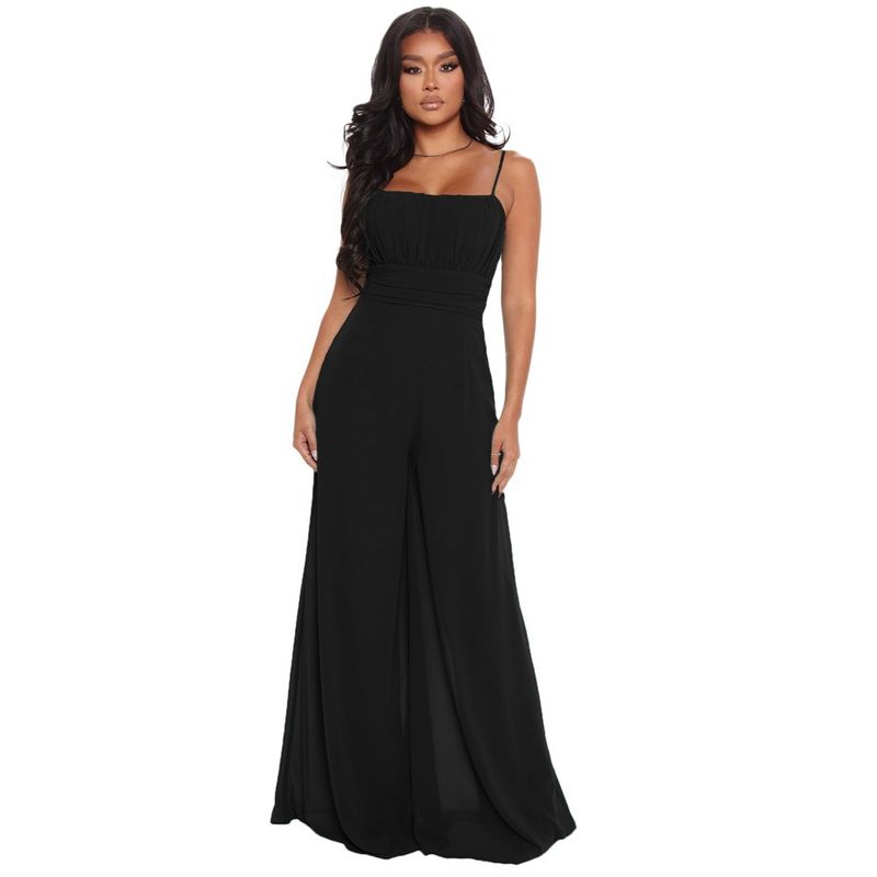 

Nipped Waist Loose Jumpsuit Waist-Defined Chiffon Solid Color Sexy Sling Women s Wide-Leg Jumpsuit Black M