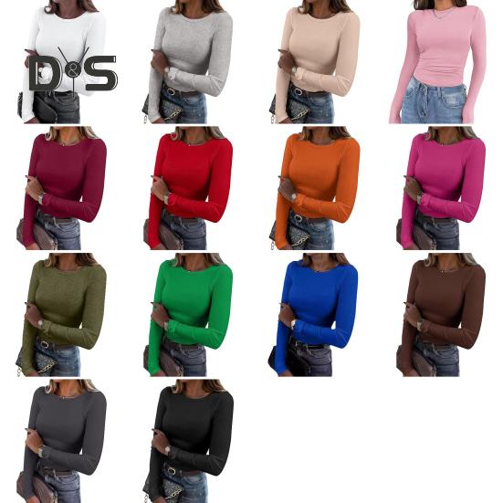 Pullover Tops Women Ribbed Long Sleeve Bottoming Top Regular Fit Lightweight Crew Neck Shirt Daily Wear