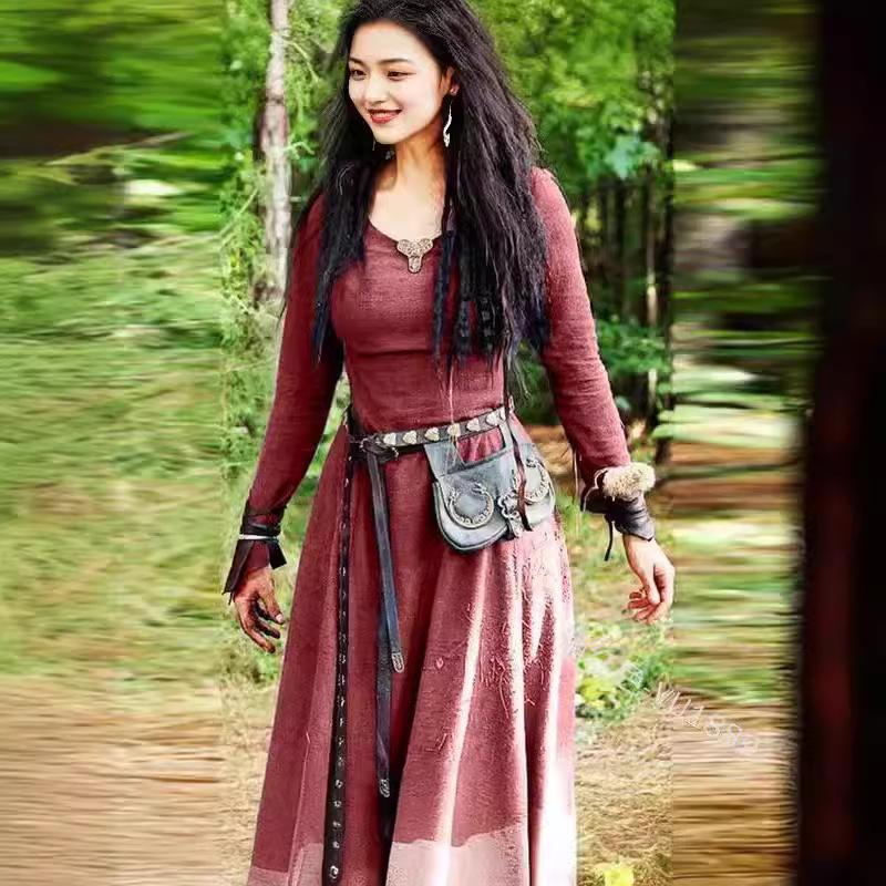 Women's Solid Color Long Sleeve Round Neck Waist Ethnic Style Retro Long Dress Clothes Sale