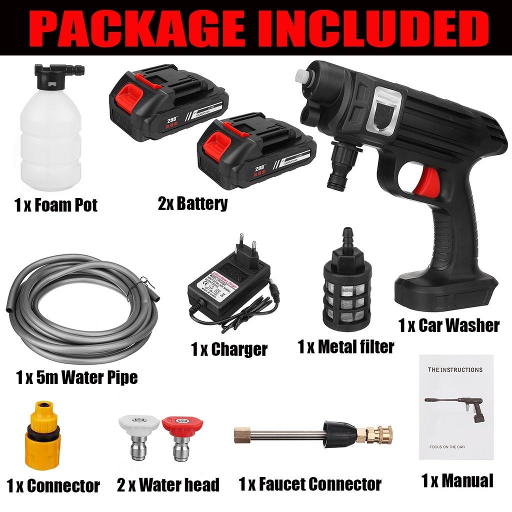 

Беспроводная мойка высокого давления 70 бар, аккумуляторные пистолеты для мойки автомобилей, электрические водяные пистолеты, пеногенератор для аккумулятора 18 В, 1500 Вт 2*Batteries