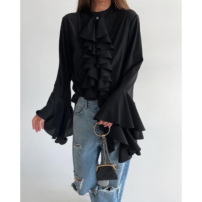 Designkänsla Volang Långärmad Skjorta Höst Vinter Ny Elegant High-end Kofta Topp för Kvinnor