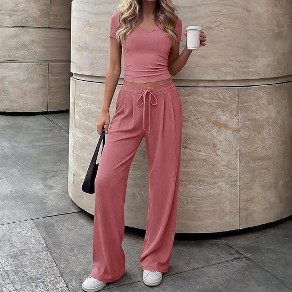 Women's Casual Elegant V-neck Casual Top And Pants Two-Piece Set