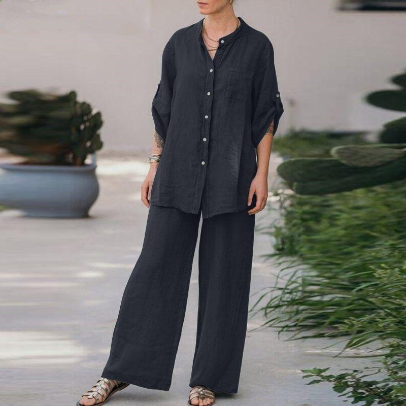 Womens Piece Set Vintage Plus Size Cotton Linen Shirt Set L
