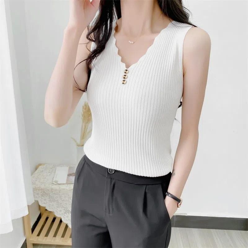 WTEMPO Ice Silk Solid Sport Camisole Women Slim Korean Casual V-Neck Vests Sleeveless Button Knitted Tank Tops
