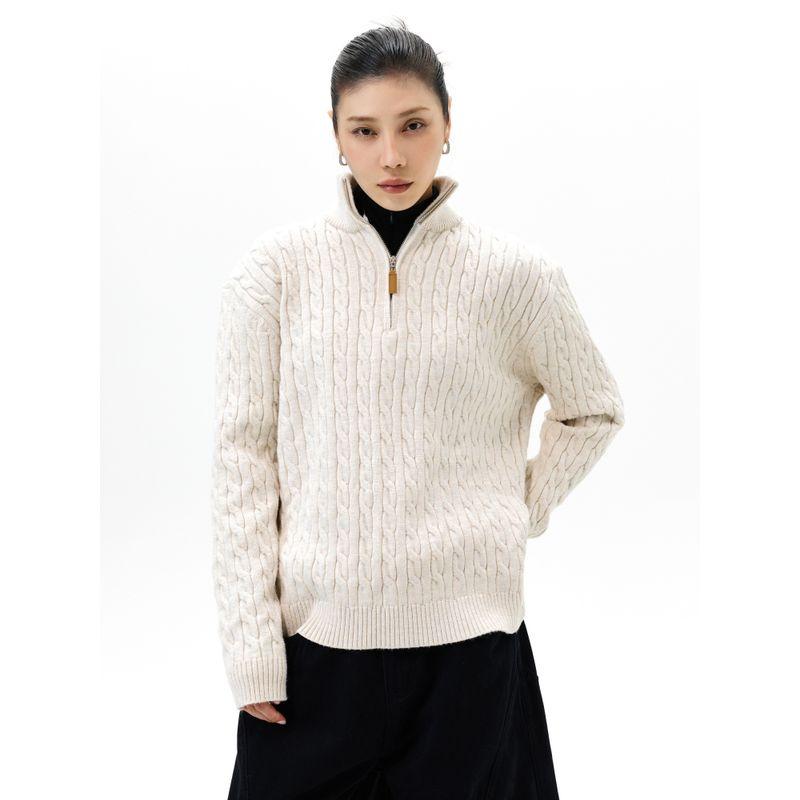 Kisko Simple American-Style Cable Knit Half-Zip Lazy Knit Sweater for Men and Women, High-End Casual Pullover Sweater Trendy