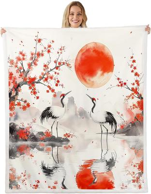 GUOYU Decke Japanische Stil Decken und Überwürfe Kran und Sonne Decke Überwurf für Kinder Erwachsene Kirschblüte Fleece-Decke Orientalische Malerei