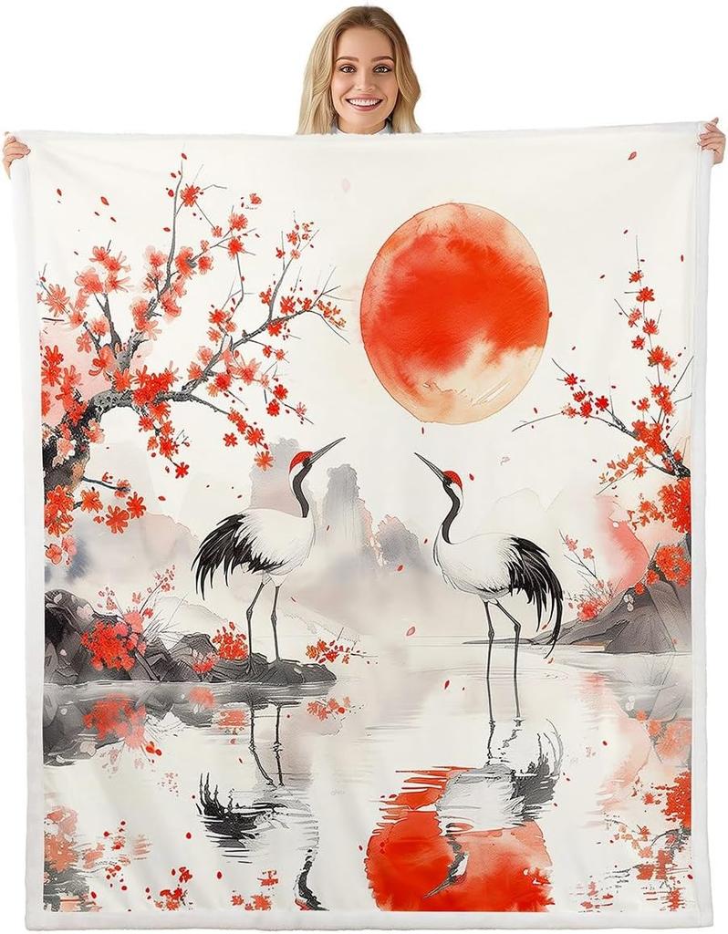GUOYU Decke Japanische Stil Decken und Überwürfe Kran und Sonne Decke Überwurf für Kinder Erwachsene Kirschblüte Fleece-Decke Orientalische Malerei