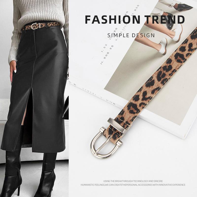 Leopard-print Thin Women's Belt, Fashionable Retro High-end Genuine Leather Decoration with Jeans Belt, Women's Belt