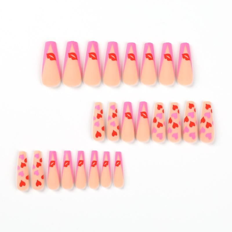 24Pcs/Set Quick Nails Long Ballet Love Lip Print False Nials Sticker Wearable Waterproof Manicure Finished Nails