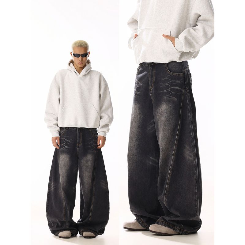 American Vintage Cat Whisker Design Black Curved Knife Jeans Men and Women Ruffle Handsome Distressed High Street Loose Casual Wide-Leg Pants