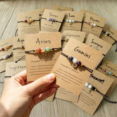 Minimalist 12 Zodiac Natural Stone Bracelet Handmade Braided Card Paper Wristband for Women Men