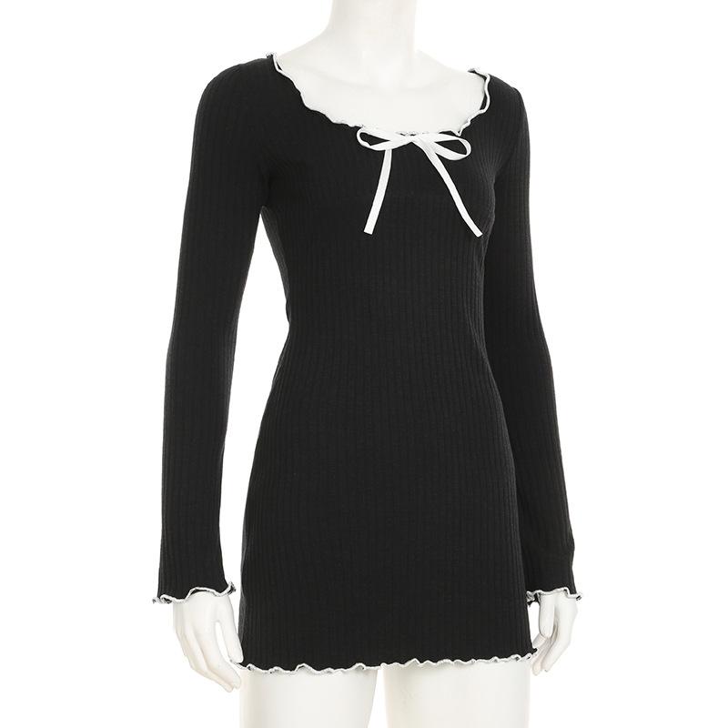 Women's Wavy Bow Sweet Color Contrast Age Reduction Waist Slimming Long Sleeved Dress