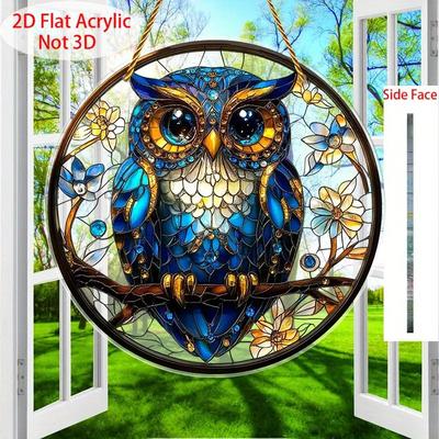 2D Flat Bohemian Stained Glass-Effect Owl Acrylic Decoration Sign, Floral Motif Design, Home Decor Plaque Hanging Wall Art Decorative Garden Decoratio