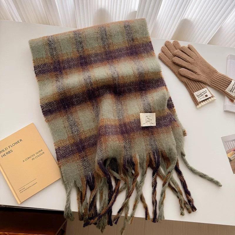 Versatile Korean Style New Tassel Scarf for Women in Autumn and Winter Thickened and Warm Imitation Cashmere New Rainbow Plaid Scarf Trendy