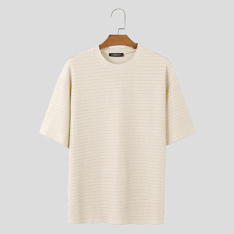 INCERUN Men Round Neck Short Sleeve Tops Solid Color Texture T-shirts