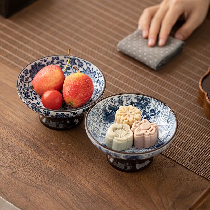 Retro Blue and White Chinese Refreshments Tray Tall Fruit Tray Small Dish Chinese Snacks Snacks Dried Fruit Bowl Ceramic Tray