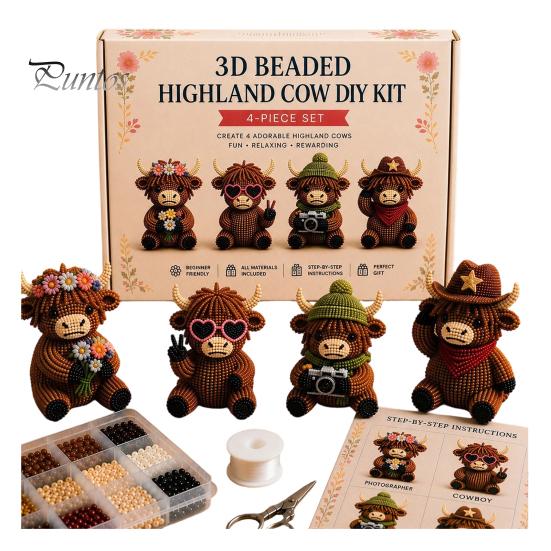 Bead Weaving Kit 3D Beaded Highland Cow for Adults, Tiny Animals, DIY Kit, Animals Beading Embroidery Kits, 4 Cute Designs Themed Beadwork Kits