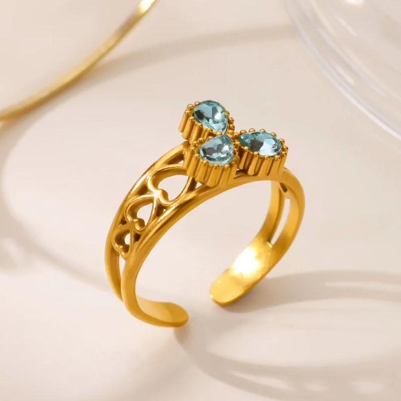 Luxury Blue Zircon Waterdrop Ring For Women Gold Plated Stainless Steel Ring Hypoallergenic Wedding Christmas Jewelry Gift