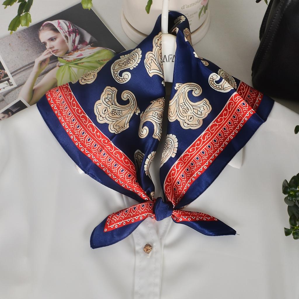 [BYSIFA] Blue Yellow Women Fashion Plaid Pattern 100% Silk Scarf Small Square Scarves Elegant Floral Ladies Hair Accessories