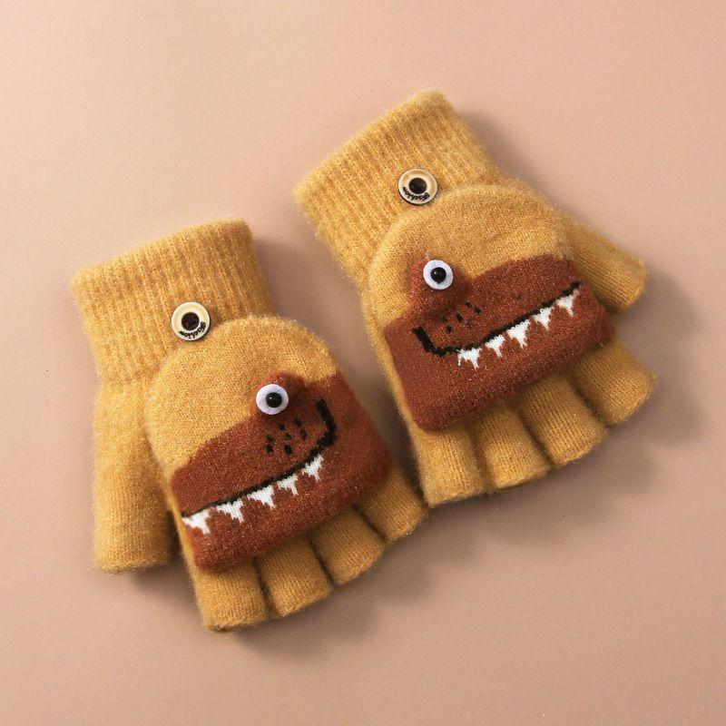 Half Finger Flip Cartoon Kids Gloves Jacquard Color Matching Autumn Winter Warm Gloves for Children Student Writing Baby Gloves