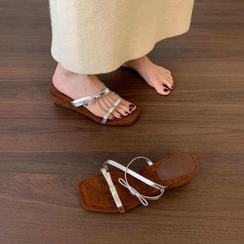 Fashion Summer Open Toe Bow Women's Slippers 2025 New Fashion Wedge High Heels Stripper Party Sliding Shoes Women Zapatos De Mujer