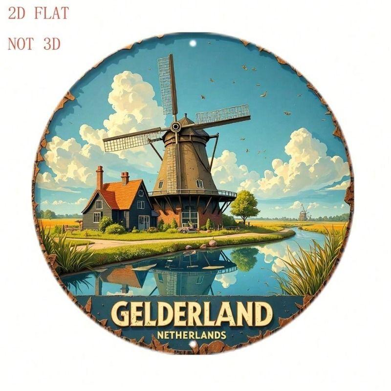 Metal Wall Art Dutch Windmill Rural Landscape Poster for Living Room