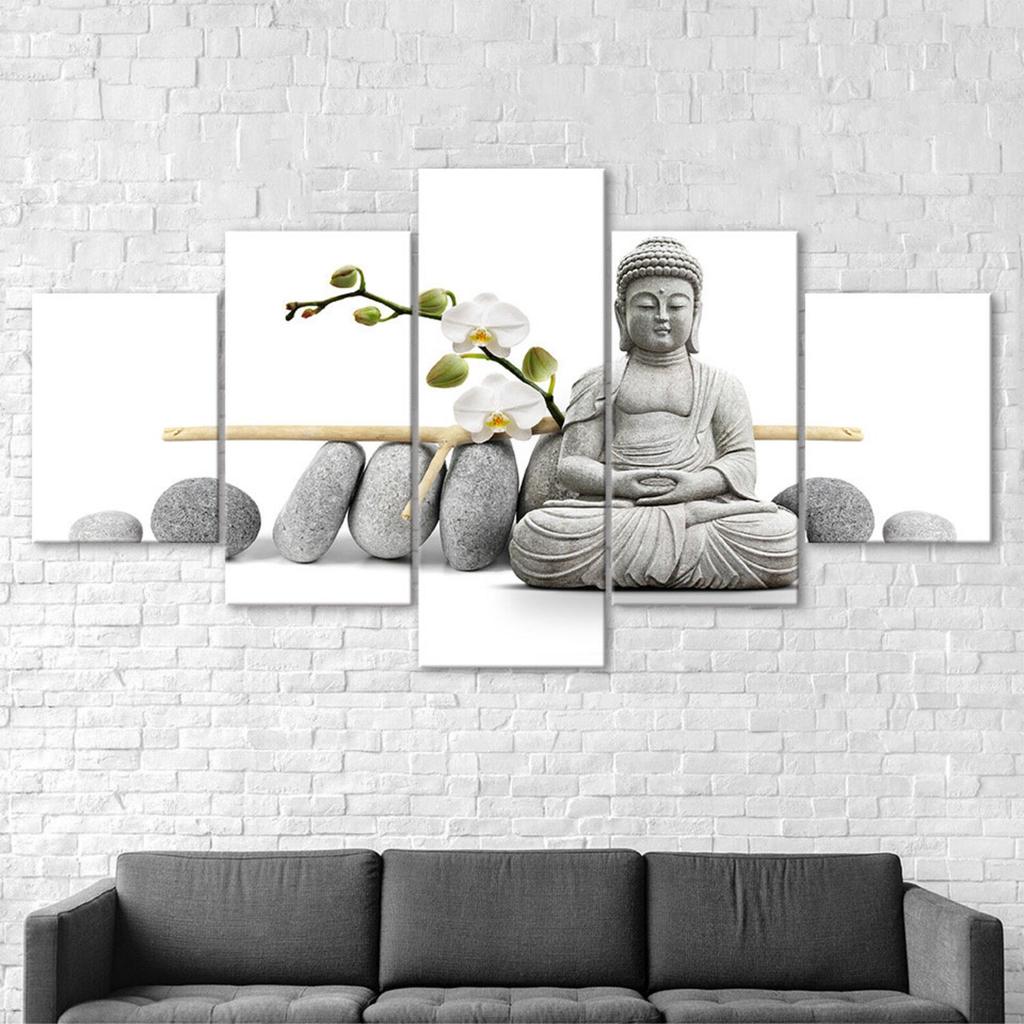 Buddha Statue White Orchid Flowers 5 Piece Five Panel Wall Canvas Print Modern Art Poster Picture Home Decor Gift For Him For Her