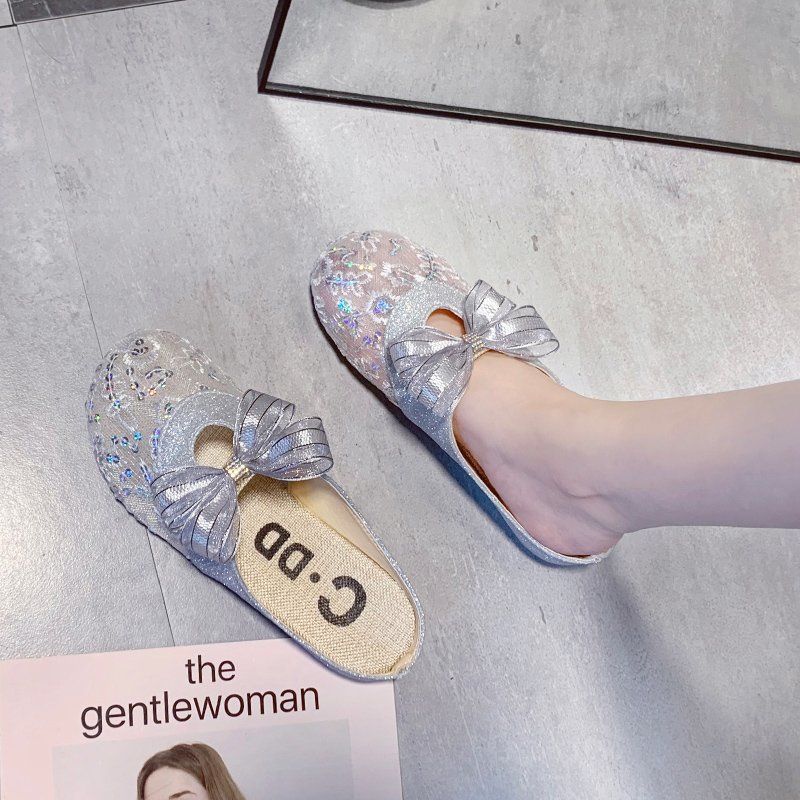 Fashion Women's Mules Slippers and Ladies Sandals Gold Round Toe Shoes Flat with Bow Slides Summer 2025 Waterproof Top Designs Non Slip