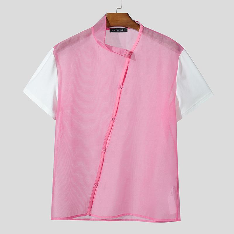 

INCERUN Summer Men High Neck Short Sleeve Mesh Sheer Patchwork T-shirts 3XL розовый