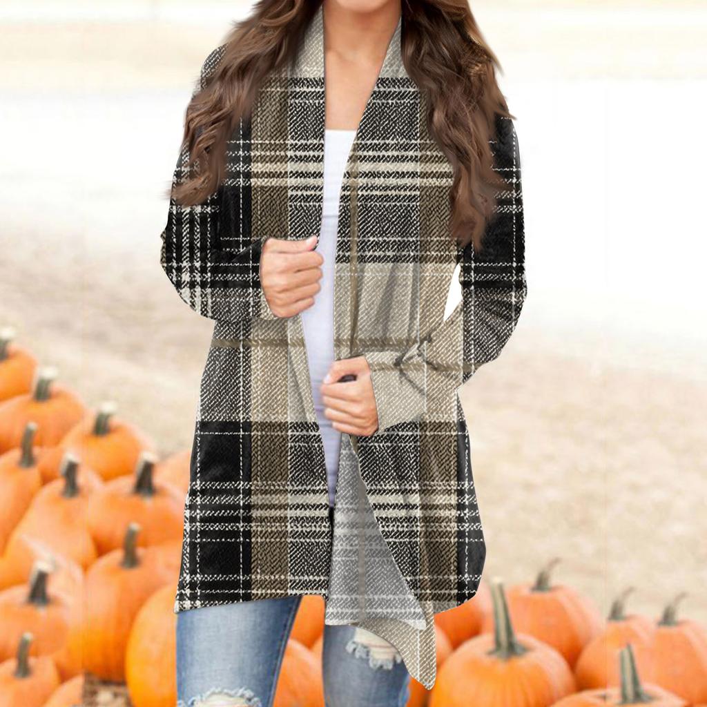 Damska codzienna moda w kratę, kardiganowa kurtka z półotwartym kołnierzykiem, średniej długości, z nieregularnym dołem