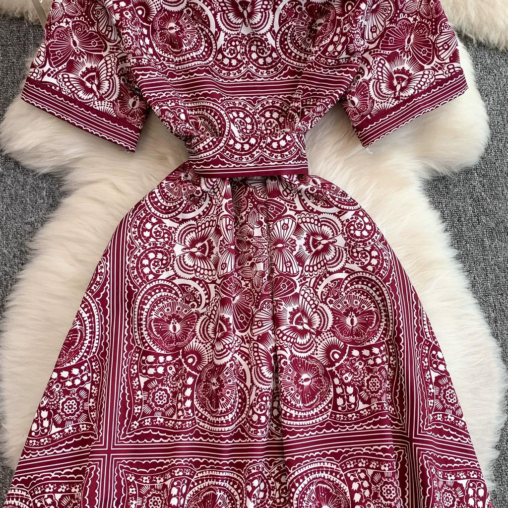 Summer Vintage Designer Print Runway Dress Women Fashion Turn-down Collar Single Breasted Party Shirt Lace-up Dresses