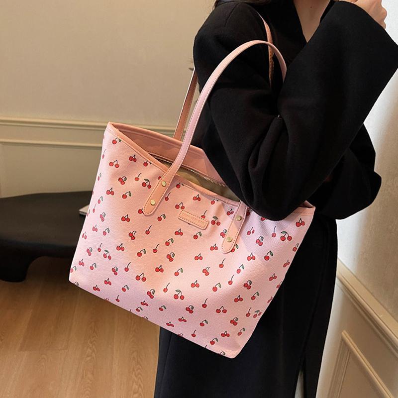 Cute and Sweet Cherry Print Tote Bag Niche Fashion Large Capacity Versatile Shoulder Bag For Women Travel Handbag Purse CLE