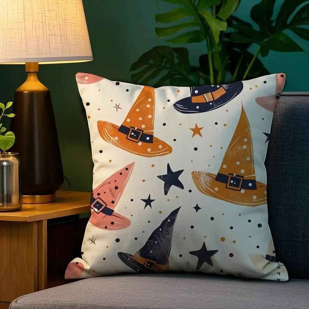 Halloween Witch Hat Cartoon Printed Cushion Cover, Living Room, Home, Office Decoration Cushion Cover, Daily Home Decoration