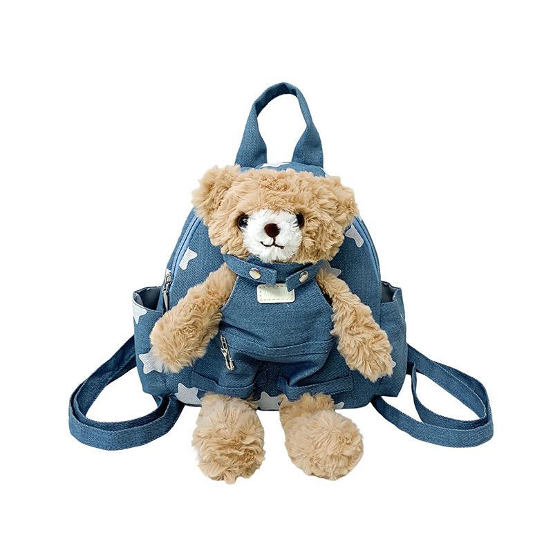 Schoolbag Retro Denim Three-dimensional Bear Backpack Soft Cute Girl Travel Backpack Campus Versatile Star Print Leisure Bag