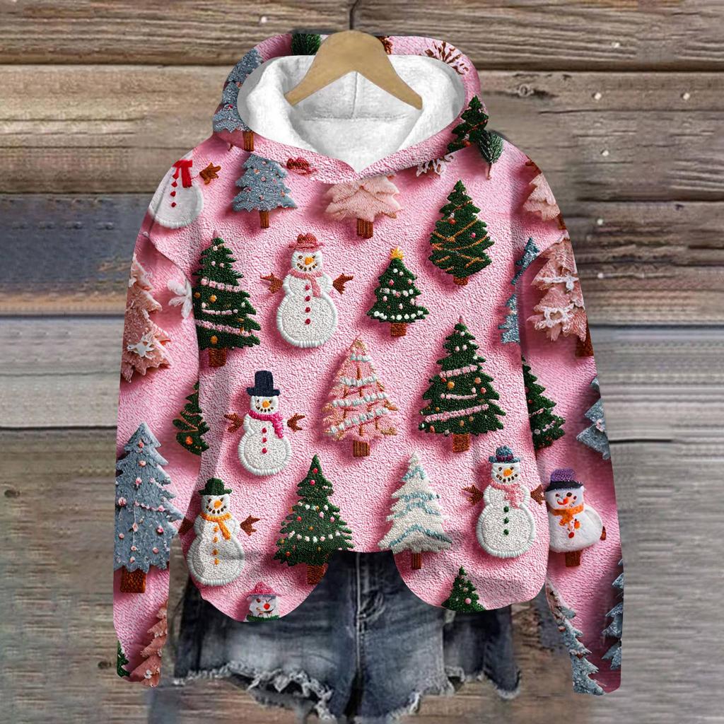 Women's Fashion Long Sleeve Christmas Print Loose Hooded Sweatshirt Top