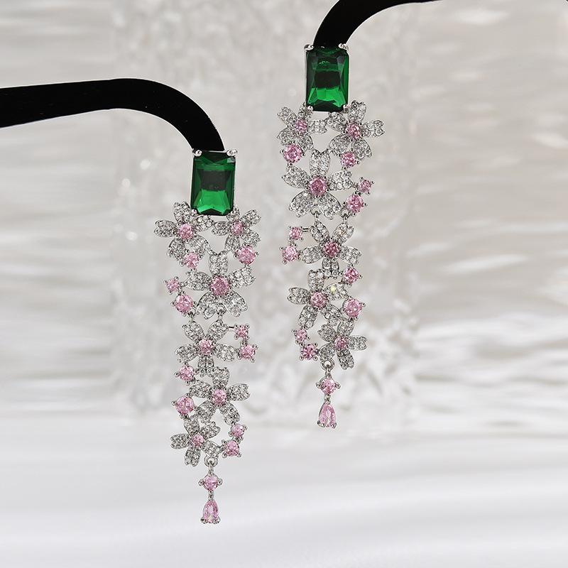 

Модные легкие роскошные тяжелые промышленные серьги слегка инкрустированные цирконием длинные цветочные серьги темперамент универсальные серьги серебряный