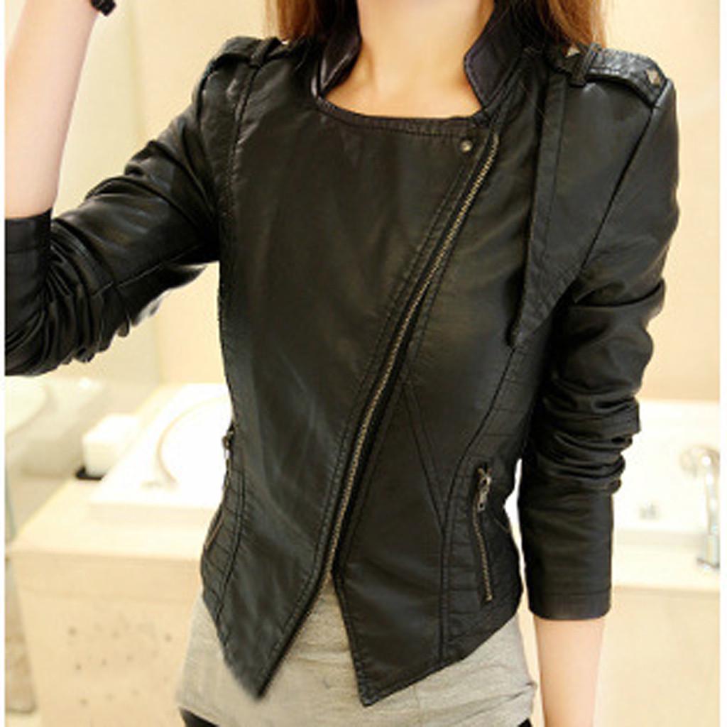 Jachetă din piele cu fermoar pentru femei la modă