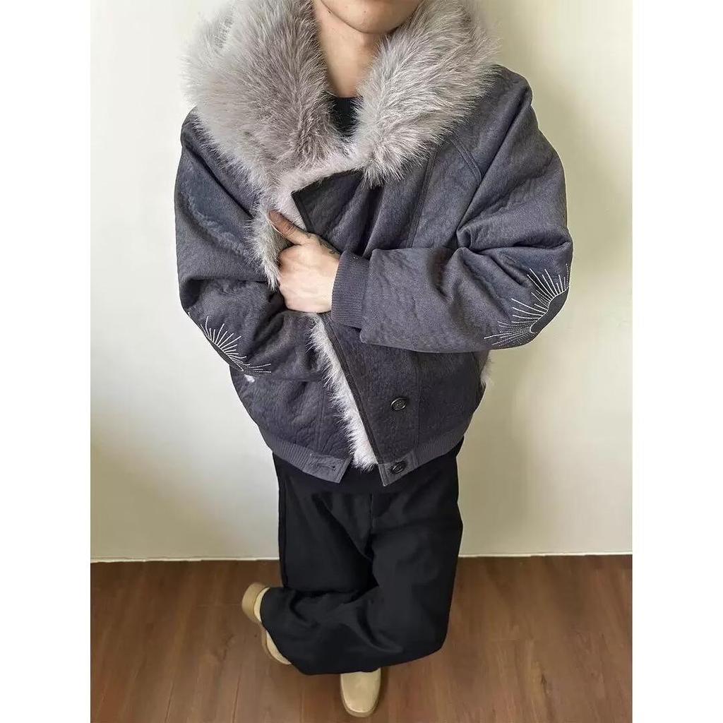 Old Money Style Wolf Constellation Cotton Hooded Jacket: Unisex Winter Outerwear with Velvet, Thick and Loose Fit.