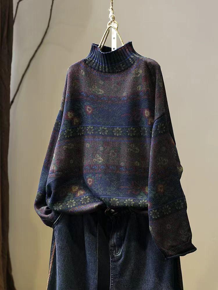 Vintage Floral Print Mock Neck Casual Loose Sweater Woman Autumn Fashion Long Sleeves Sweater
