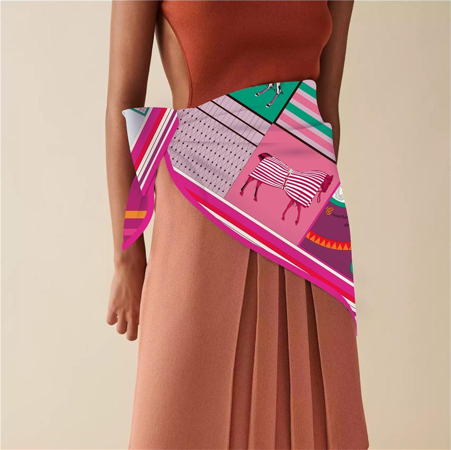 90Cm Classic Checkered Horse  Square Scarf Women Twill Silk Scarf Shawl Hijab Luxury Bandana Foulard Neckerchief Head Scarf