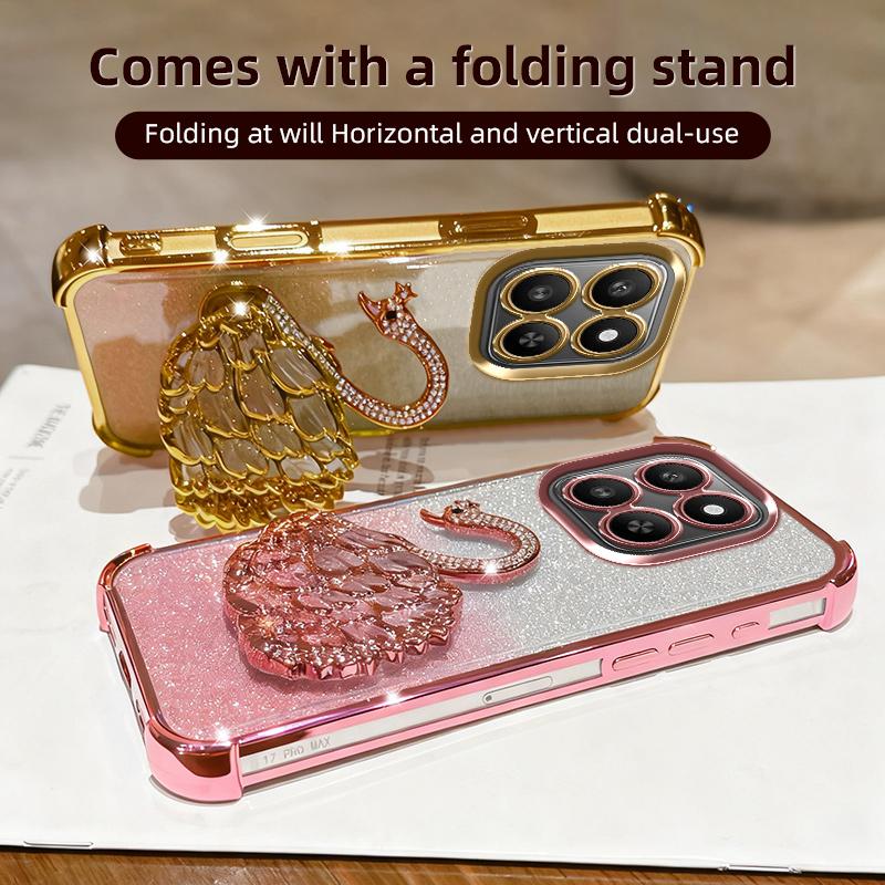 KEYSION Shockproof Plating TPU Phone Case for HONOR X7d 5G Glitter Jewelled Swan kickstand Back Cover for Honor 400 Smart 5G
