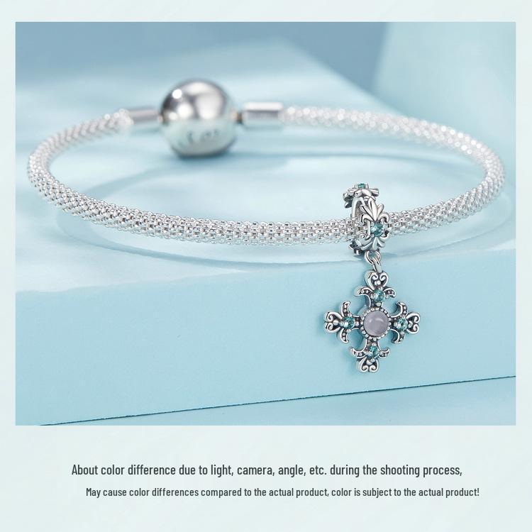 Retro Iris Cross Pendant in S925 Sterling Silver with Platinum-Plated Beads for DIY Jewelry