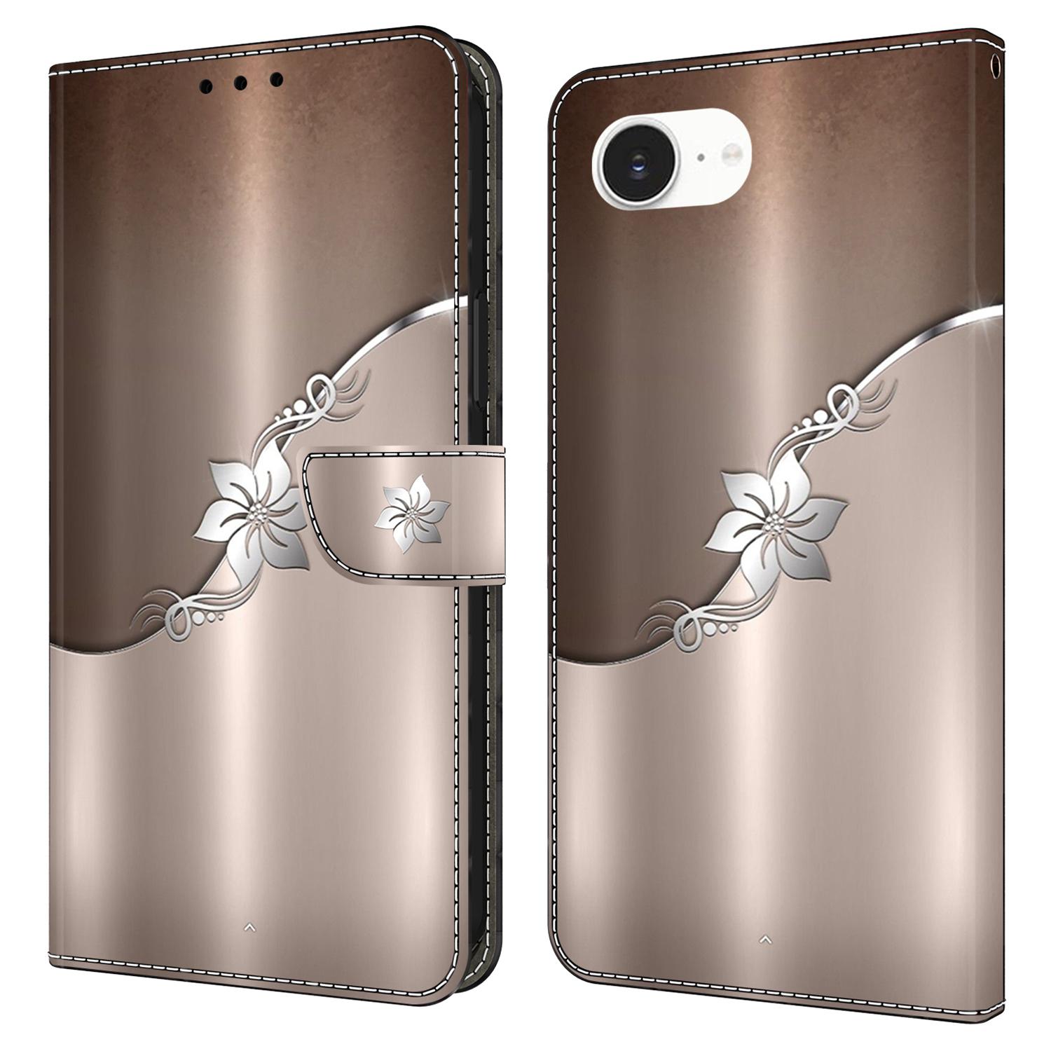 

For iPhone 16e Case Magnetic Clasp 3D Pattern Leather Wallet Phone Cover Silver Flower