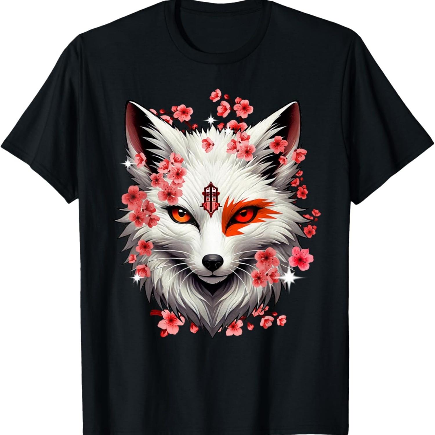 Kitsune  Fox Mask Anime Kawaii Cherry Blossom Flower T-Shirt S чёрный