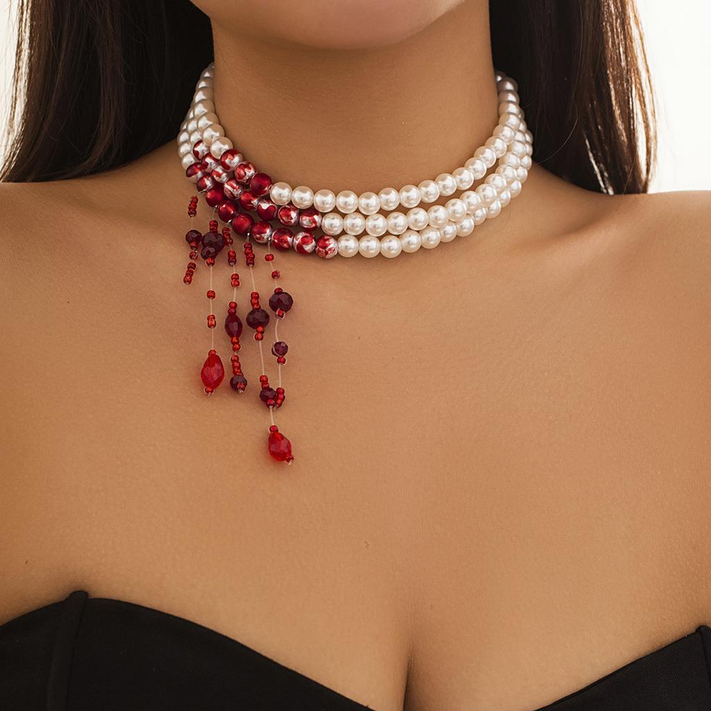 PuRui Gothic Imitation Zircon Necklace With Crystal Beads Tassel Pendant Neck Chain Bloody Choker for Women Girls Party Zircon