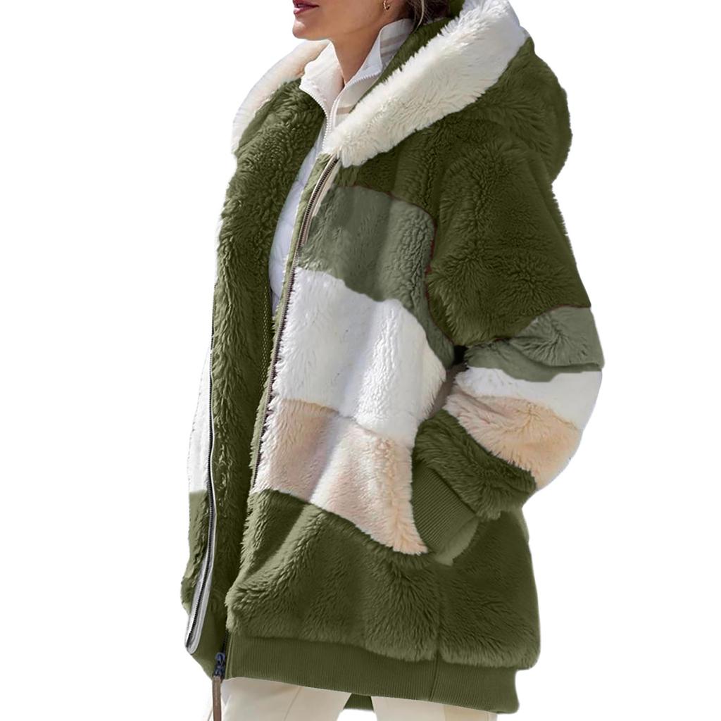 Manteau à capuche pour femmes, mode épissage, ample, peluche, manches longues, fermeture éclair, poche, hiver