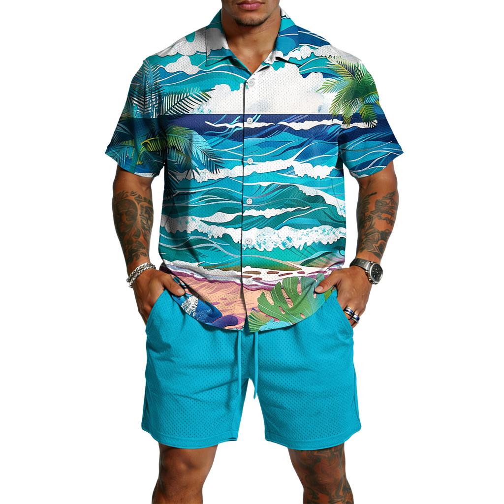 Men's Casual Lightweight Breathable Short-Sleeve Shirt And Shorts Set