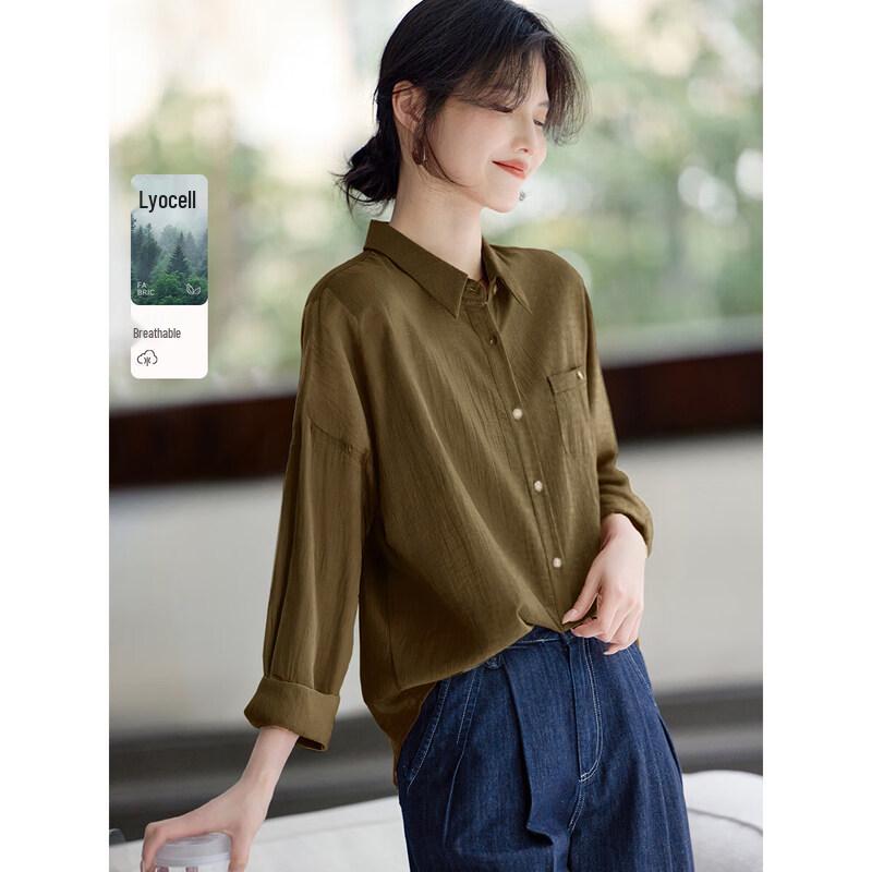 XWI Women s Tencel Textured Loose Long Sleeve Shirt M зеленые хаки