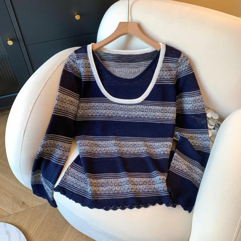 

Retro fake two-piece striped long-sleeved knitted sweater for women s autumn and winter new slack feeling comfortable loose and thin sweater one size fits all тёмно-синий